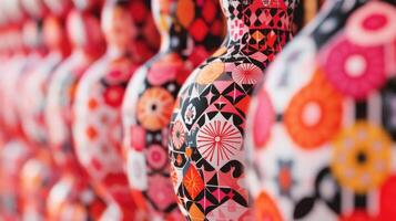 Brightly colored packaging showcases unique patterns, blending traditional art with modern design elements for an eye-catching display photo