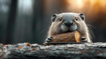 Beaver enjoying a log dinner at a rustic wooden table in the forest photo