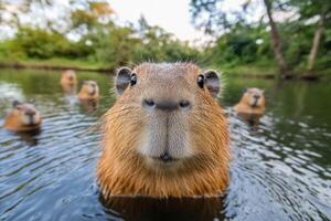 Funny capybara swims playfully in a serene pond surrounded by nature during late afternoon light photo