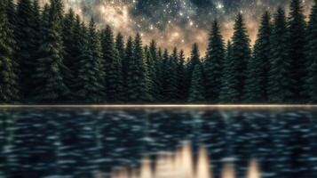 Moonlit landscape with milky way over tranquil lake and enchanting forest photo