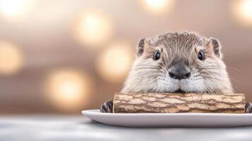 Beaver enjoys a log dinner at a cozy table setting in soft lighting photo
