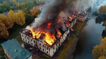 Flames consume a historic structure surrounded by vibrant autumn foliage, with smoke billowing into the sky as firefighters respond to the blaze photo