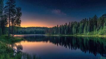 Stunning moonlit landscape with reflections in lake and milky way sky photo