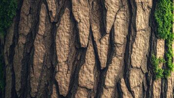 Close-up view of textured tree bark with vibrant moss details in natural setting photo