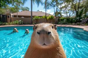 Capybara enjoys a sunny day by the pool with friends in a tranquil backyard setting photo
