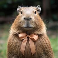 Capybara with a delicate bow enjoys a moment of calm in a peaceful outdoor setting photo
