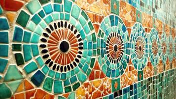 Discover the detailed artistry of Arabic geometric tile designs showcasing vibrant colors and complex patterns in a vivid arrangement photo