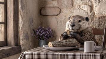 Beaver enjoys dinner at a rustic table with a log on its plate photo