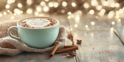 A cup of cappuccino coffee with latte art in a pastel green cup with cinnamon, pine branch on a wooden table against a bokeh background photo