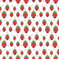Playful seamless pattern with adorable strawberries featuring expressive faces, green leaves vector