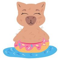 Adorable capybara floating in a pink donut-shaped inflatable ring on the water vector