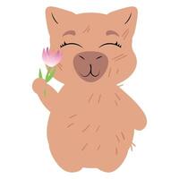 Adorable capybara holding a delicate flower with a joyful and peaceful expression vector