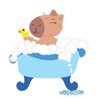 Adorable capybara enjoying a bubble bath in a blue bathtub while holding a yellow rubber duck. Perfect for spa-themed illustrations, self-care designs, digital stickers vector