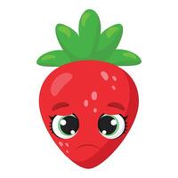 Sad strawberry with expressive eyes and a frown, conveying emotion. Perfect for stickers, emoticons, prints, social media, and creative designs vector