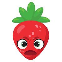 Expressive strawberry character with an angry face, featuring large eyes and a dramatic expression. Perfect for stickers, prints, and digital designs vector