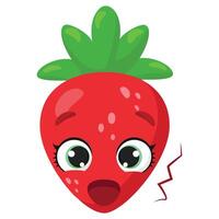 Surprised strawberry character with an open mouth and expressive eyes. A fun and vibrant fruit illustration perfect for packaging, branding, stickers, prints, and digital designs vector