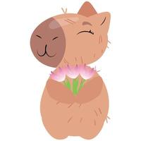 Charming capybara holding a bouquet of pink flowers with a joyful and peaceful expression vector