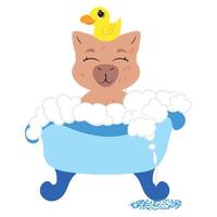 Adorable capybara relaxing in a blue bathtub filled with bubbles, with a cute yellow rubber duck on its head. Perfect for self-care, spa, wellness, and relaxation-themed designs vector