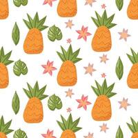 Vibrant tropical pineapple pattern with exotic leaves and flowers on a white background. Ideal for fabric, wrapping paper, and summer-inspired projects vector