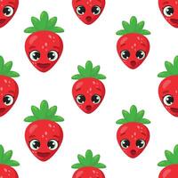 Cheerful seamless pattern with smiling strawberry faces on a white background, perfect for fabric, wrapping paper, and children's products vector