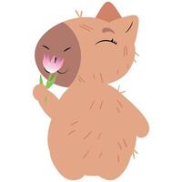 Charming capybara enjoying the scent of a delicate flower with a peaceful and happy expression vector
