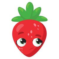 Adorable strawberry character with a sad expression, featuring big eyes and a thoughtful look. Great for emoticons, digital designs, and creative prints vector
