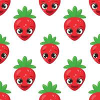 Seamless pattern of vibrant strawberries with expressive faces on a clean white background. Perfect for fabric, packaging, wallpaper, and creative design projects vector