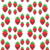 Seamless pattern with vibrant strawberries featuring expressive faces on a white background. Ideal for textiles, packaging, wallpapers, wrapping paper, and digital designs vector