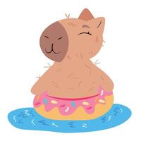 Adorable capybara floating in water with a pink donut-shaped inflatable ring vector