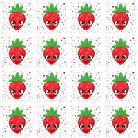 Seamless pattern featuring smiling strawberries with vibrant green leaves on a white background vector