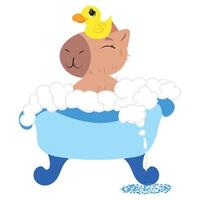 Adorable capybara relaxing in a blue bathtub filled with bubbles vector