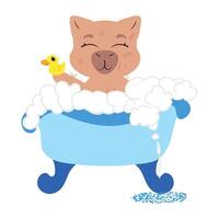 capybara enjoying a bubble bath in a blue bathtub while holding a small yellow rubber duck. Perfect for self-care, relaxation, spa-themed designs, and playful illustrations vector