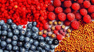 Flat lay of mixed berries such as raspberry, and blueberry isolated on a white background. . photo