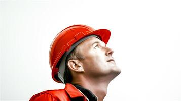 Portrait of a senior engineer wearing an orange hard hat and safety and looking up isolated on a white background. . photo