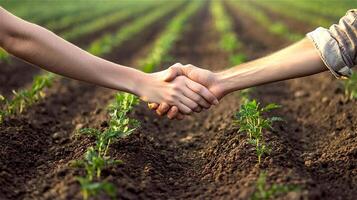 Close-up of two farmers shaking hands with a morning light and a small plant, plantation plot in organic farm background. . photo