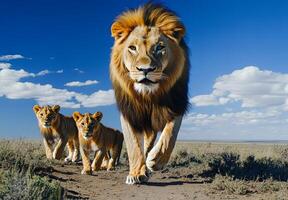 papa lion with his cubs photo