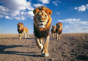 a bunch of male lions are walking around photo