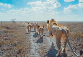 lion family walking down a path back view photo