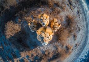 Lion family looking up sitting in savanna photo