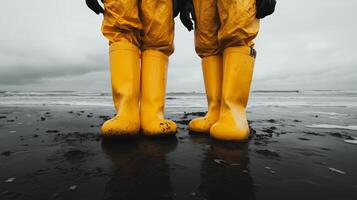 Yellow boots on black sand beach environmental cleanup effort photo