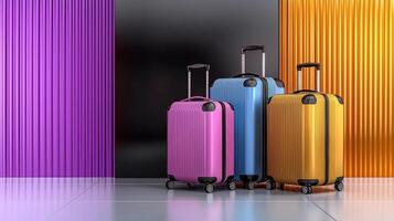 Stylish pink, blue, and yellow suitcases with wheels displayed on a glossy floor, against vibrant background with vertical lines. For travel, vacation, and adventure concept. photo