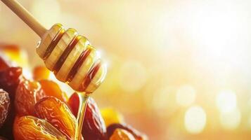 Golden honey drizzling over plump dates in warm sunlight setting. Greeting card for Tu Bishvat. photo
