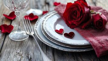 Romantic table setting with red roses and heart decorations on rustic wooden surface photo