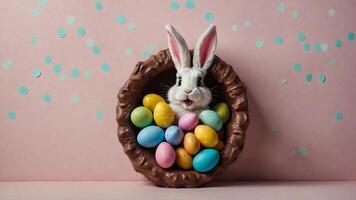 A Playful Easter Bunny Nesting Comfortably Within a Collection of Colorful Chocolate Eggs photo