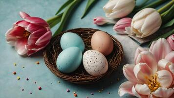 A Beautiful Arrangement of Colorful Easter Eggs Complemented by Fresh Tulips in a Rustic Nest photo