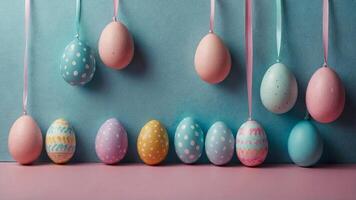 A collection of Colorful Easter Eggs displayed beautifully on a soft Pastel Background photo