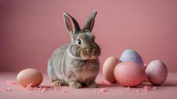 A Beautiful and Cute Rabbit Surrounded by Colorful Easter Eggs Set Against a Pink Background photo