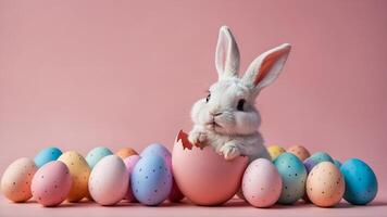 An Adorable Bunny is Emerging from an Easter Egg that is Surrounded by Colorful Eggs photo