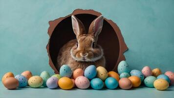 Adorable little Rabbit nestled inside a Chocolate Egg surrounded by Colorful Easter Eggs photo