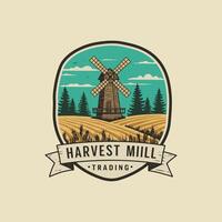 A vintage logo depicting a rustic windmill in a harvested field surrounded by trees under a partly cloudy sky. vector
